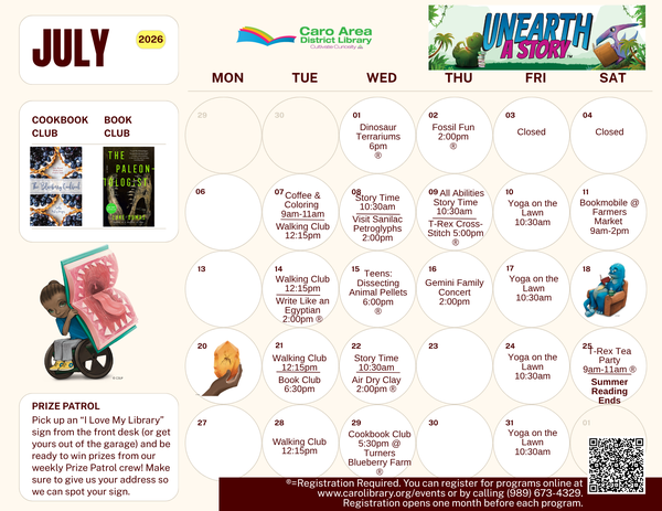 Calendar of events for the summer reading program at the Caro Area District Library in July of 2026