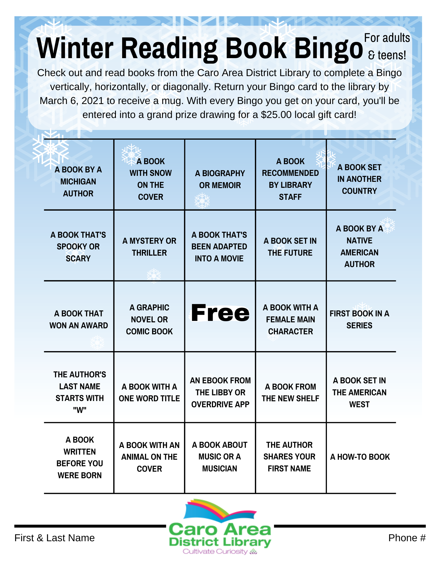 Winter Reading Book Bingo Teens Adults